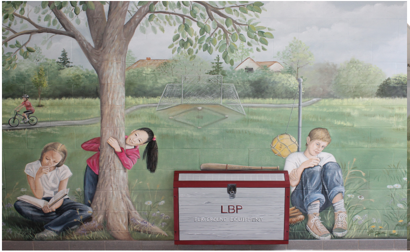 Painting of four students playing on the grass, one hides behind a tree.